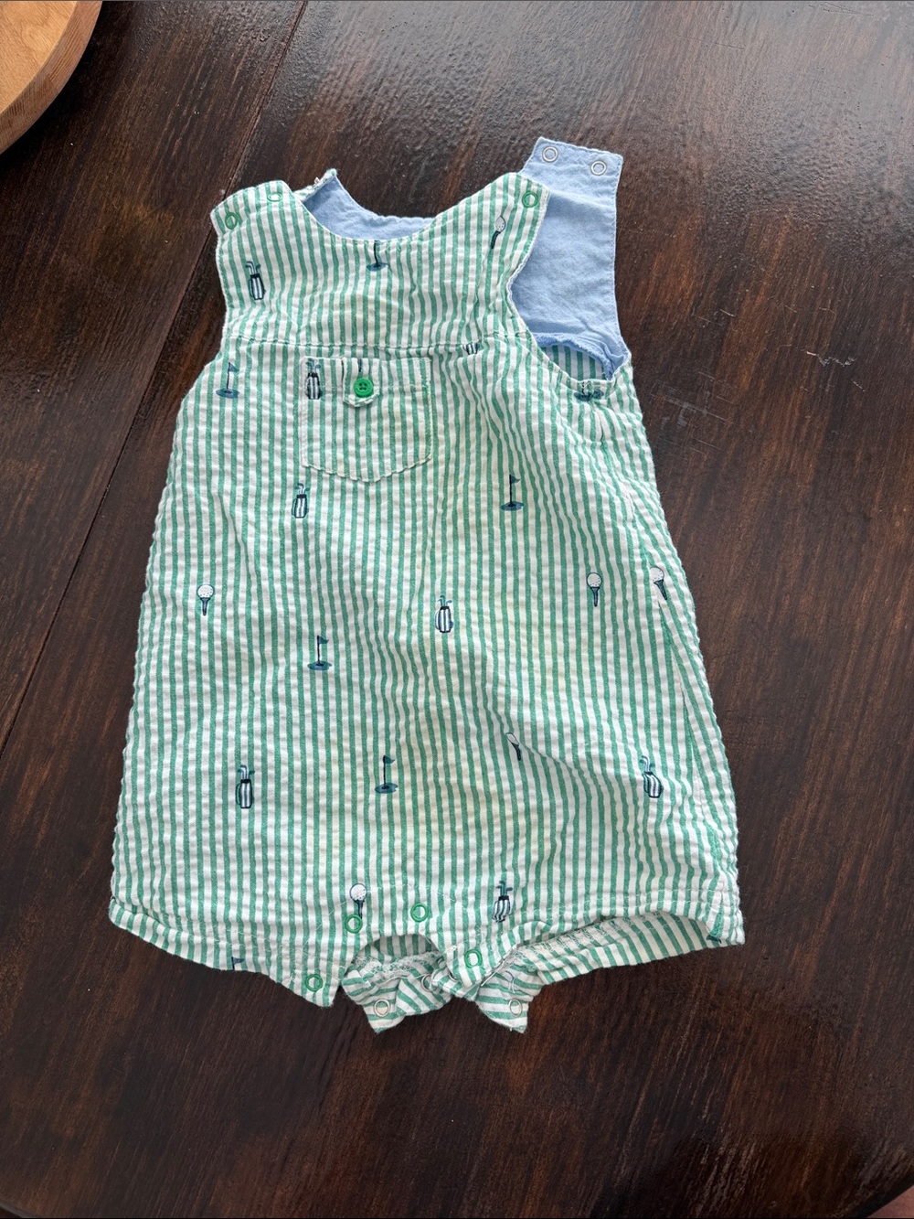Little Me Green and White Striped Baby Romper with Blue Trim